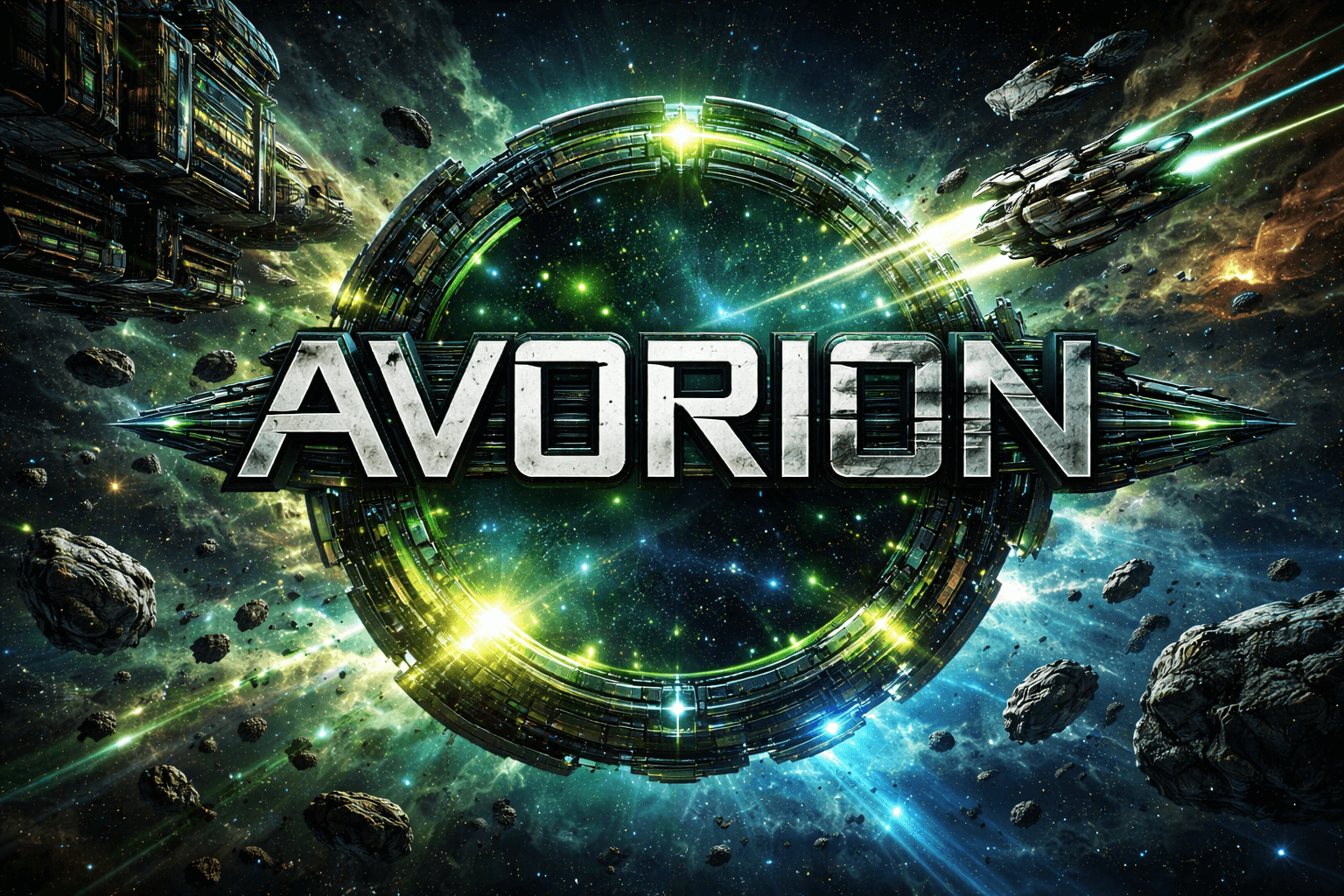 Space-themed logo with 'Avorion' text amidst space ships and asteroids