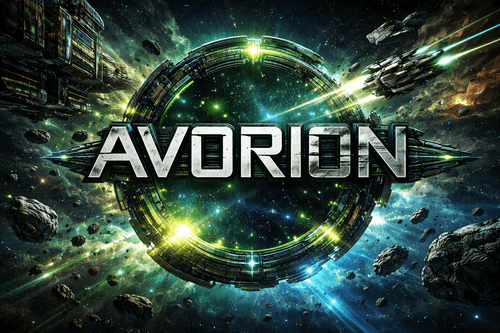 Space-themed logo with 'Avorion' text amidst space ships and asteroids