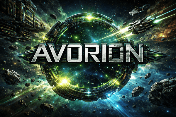 Space-themed logo with 'Avorion' text amidst space ships and asteroids