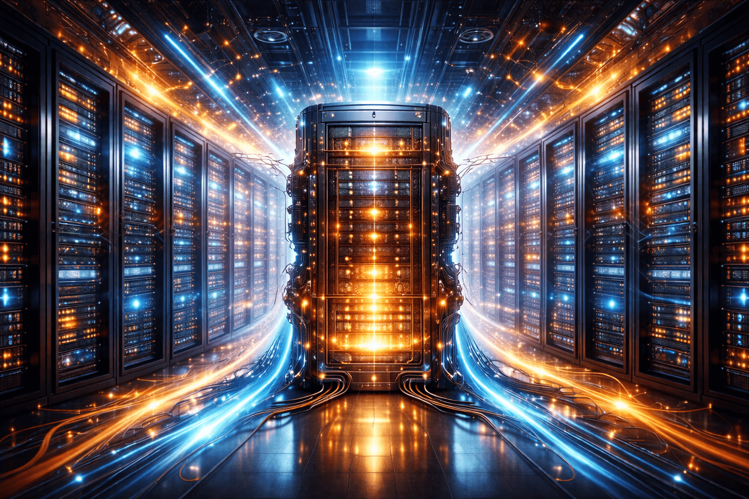 High-tech server room with glowing servers and lights